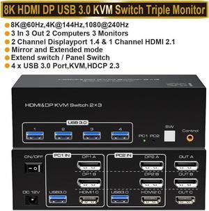 HDMI+2 Displayport KVM Switch 3 Monitors 2 Computers, with 4 USB 3.0 Hub, 8K@60Hz Ultra HD Resolution, Triple Monitor 2DP+HDMI KVM Switch DP1.4 HDMI2.1Via Button Switch, Plug and Play