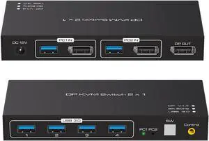DisplayPort KVM Switch 1 Monitors 2 Computers Display Port 165Hz Displayport KVM Switch 2 Port KVM Displayport Switch Displayport 2 PC 1 Monitor 2 in 1 Out DP KVM, Comes with Wired Controller