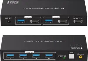 2X1 HDMI KVM Switch 1 Monitors 2 Computers Display Port 8K HDMI KVM Switch 2 Port KVM HDMI Switch 2 PC 1 Monitor 2 in 1 Out HDMI KVM, Comes with Wired Controller