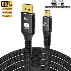 Bi-Directional Mini DisplayPort to DisplayPort 1.4 1.4a Cable 8K 60Hz 4K 144Hz 120Hz 2K 240Hz 1080p 390Hz 360Hz Display Port to Mini DisplayPort DP 1.4 HBR3 HDR VESA Certified Cord, 2m (6.6 feet)