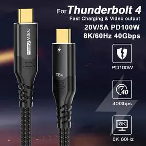 100W Thunderbolt 4 TB4 Cable, 40GBps Data Transmission, 100W (20V5A) PD Super Fast Charge, 8K@60Hz HD Extension for Thunderbolt 4, Mobile Phone, Notebook, MAC, SSD, PD3.1 and QC4.0 (1.6FT)