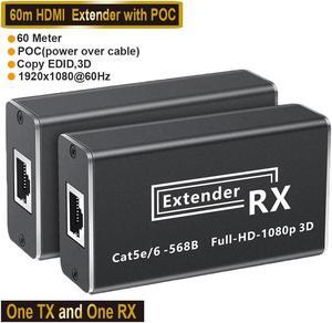HDMI Extender Kit, 60M/196ft HDMI Extender Via Single RJ45 Cat 5e/6 Ethernet Cable Transmit Up to 60M, Support 1080p, 3D, POC, with Loop Out Function (Transmitter and Receiver)