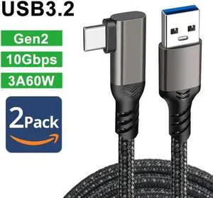 Right Angle USB C Cable [Upgraded, 6.6ft, 2Pack] 10Gbps USB 3.1 Gen 2 USB A to USB C Data Transfer Braided Cord, 3A 60W Fast Charging Type C Cable for Samsung Galaxy MacBook Laptop Tablet Phone