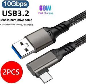 10Gbps USB 3.1 Gen 2 USB A to USB C 90 Degree Braided Cable 3A/60W Fast Charge Compatible with MacBook Pro 2022/Samsung Galaxy S22/Z Fold/Z Flip/Switch, etc (10ft , 2 Pack)