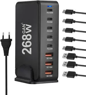 LUOM 268W GaN Fast Charger 8 Port USB Type C Phone Charger Quick Charge 4.0 Power Adapter For iPhone 15 14 13 Xiaomi Samsung Desk Charger - Black