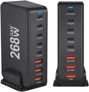 LUOM 8 Prots USB C 268W Fast Charger QC4.0 USB PD Muti Ports GaN Charger Mobile Phone Quick Charging Type C Wall for iPhone Xiaomi Samsung - Black