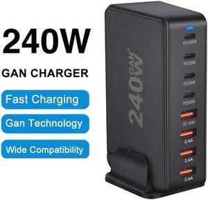 LUOM GaN 240W Fast Charger 8 Port USB A/C Charger QC3.0 PD3.0 Quick Charge for MacBook Pro/Air, Dell XPS,iPhone 15 Pro Cell Phone Charger Desk Charger Adapter