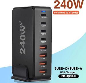 LUOM 8 Port USB C Charging Station, Charger GaN 240W, QC3.0 Fast Compact Desk Charger for MacBook Pro/Air, Dell XPS,iPhone 15 Pro,ipad pro,Galaxy S23,Pixel 7
