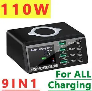 LUOM 110W USB Charging Station with Wireless Charging, 8-Port Desktop Charger, USB C Charging Station for MacBook Pro/Air, iPad Pro/Air, iPhone 15 Pro Max/14, Galaxy S24 Ultra