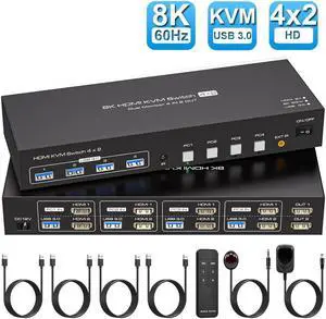LUOM USB3.0 HDMI KVM Switch 2 Monitors 4 Computers 8K@60Hz 4K@120Hz, Dual Monitor KVM Switch for 4 Computers Share 2 Displays and 4 USB 3.0 Ports,Wired Remote and Cables