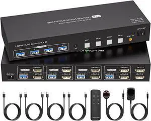 LUOM HDMI kvm Switch 4 Computers 2 Monitors 8K@60hz USB 3.0 kvm switches Dual Monitor for 4 PC Share 2 Monitors and 4 USB3.0 Devices with Desktop Controller