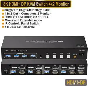 LUOM USB3.0 HDMI+DisplayPort KVM Switch 2 Monitors 4 Computers 8K@60Hz 4K@120Hz, Dual Monitor KVM Switch for 4 Computers Share 2 Displays and 4 USB 3.0 Ports,Wired Remote and Cables