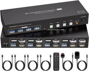 LUOM 4K 120Hz HDMI DisplayPort KVM Switch 2 Monitors 4 Computers, [HDMI+DP + USB] Monitors Switcher for 4 Computers Share 2 Monitors and Keyboard Mouse with USB3.0 Port,8K@60 Resolution