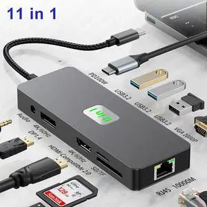 LUOM USB C Hub, Docking Station, 11 in 1 USB C Adapter Dongle with 4K60 HDMI 4K60 DP 1080P VGA 1000Mbps Ethernet PD 3.0 100W 3* 10Gbps USB3.2 TF/SD Card Slot, Audio Laptop Docking