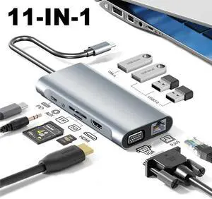 LUOM Aluminum 11 in 1 USB C Hub, Multiport USB Splitter Expand with 4 USB Port & TF/SD Card Reader, HDMI,100W PD, VGA, Gigabit, Audio for MacBook Pro Air, for iPad Pro Laptop and More Devices