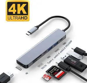 LUOM 7 in 1 USB C Hub, USB C to 4K HDMI Adapter with 100W Power Delivery, USB 3.0&2.0 Ports, USB-C, SD/TF Card Reader, Compatible for iPhone 15 Promax MacBook Ipad Laptops Computers and More Type C