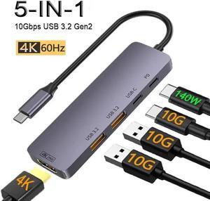 LUOM USB 3.2 Hub 10Gbps Gen2 with USB C 3.2, 2*USB A 3.2,4K@60Hz HDMI, 140W Power Delivery Thunderbolt 3/4 Hub 5-Ports for MacBook, iPad, iPhone 15/Pro/Max, Samsung, PC, Flash Drive, Etc
