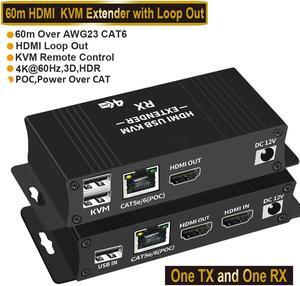 Jansicotek HDMI KVM USB Extender 4K@60Hz KVM Extender Over Cat5e/Cat6 Up to 60m (196Ft), 2 Ports USB,Lossless or Zero Latency, Plug&Play for Computers, Monitors (Transmitter and Receiver)