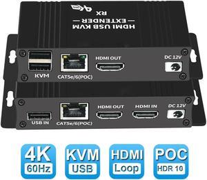 Jansicotek HDMI KVM USB Extender with PoC Over Cat5/Cat5e/Cat6 HDMI to RJ45 Support 4K@60Hz Video Lossless No Latency, 60m 196ft HDMI USB (Transmitter and Receiver)