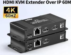 Jansicotek HDMI KVM USB Extender 4K@60Hz Over Cat5e/6 Ethernet Cable 60m (196ft) for Mouse and Keyboard Control Remote Signals (Transmitter and Receiver)