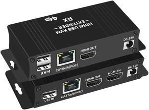 Jansicotek USB KVM and HDMI Over Cat5e/Cat6 Extender  Up to 196ft/60M Extension, 4K@60Hz HDMI Video, 2X USB Keyboard/Mouse, Near Zero Latency, HDMI Loopout, ESD Protection, Transmitter and Receiver