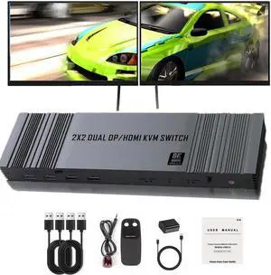 LUOM Dual Monitor KVM Switch HDMI+Displayport 2 Port 8K@60Hz, USB HDMI Extended Display Switcher for 2 Computers Share 2 Monitors and 4 USB 2.0 Hub,Remote Control and USB HDMI Cables Included