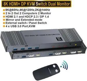 LUOM HDMI DP KVM Switch with Remote Control, Dual Monitor 2 Port 8K@60Hz 2 Monitors 2 Computers USB 3.0 KVM Switcher PC Extended Display for 4 USB Devices Like Mouse Keyboard Printer Gamepad