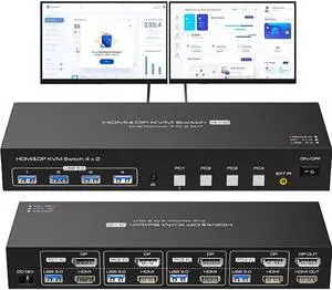 LUOM USB3.0 HDMI+DisplayPort KVM Switch 2 Monitors 4 Computers 4K@60Hz 2K@120Hz, Dual Monitor KVM Switch for 4 Computers Share 2 Displays and 4 USB 3.0 Ports,Wired Remote and Cables