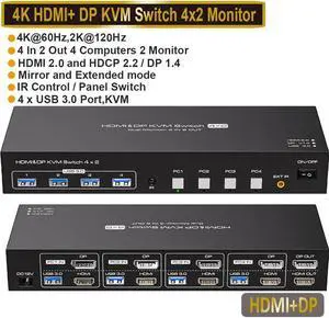 LUOM 2K 120Hz HDMI DisplayPort KVM Switch 2 Monitors 4 Computers, [HDMI+DP + USB] Monitors Switcher for 4 Computers Share 2 Monitors and Keyboard Mouse with USB3.0 Port,4K@60 Resolution