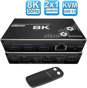 LUOM 8K@30Hz USB HDMI KVM Switch 2 in 1 Out Box, 2 Computers Share One Monitor, rj45 ports and 3USB2.0 Port USB KVM Switcher Adapter Support Wireless Keyboard and Mouse, USB Disk, Printer, USB Camera