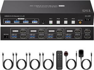 LUOM HDMI+HDMI KVM Switch 2 Monitors 4 Computers, with 4 USB 3.0 Hub, 4K@60Hz Ultra HD Resolution, Dual Monitor KVM Switch HDMI2.0 Via Button Switch, Plug and Play