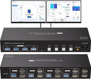 LUOM USB3.0 HDMI+HDMI KVM Switch 2 Monitors 4 Computers 4K@60Hz 2K@120Hz, Dual Monitor KVM Switch for 4 Computers Share 2 Displays and 4 USB 3.0 Ports,Wireless Remote and Cables