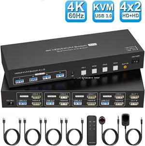 LUOM HDMI+HDMI USB kvm Switch 4 Computers 2 Monitors 4K@60hz USB 3.0 kvm switches Dual Monitor for 4 PC Share 2 Monitors and 4 USB3.0 Devices with Remote Control