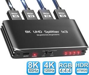 LUOM 8K@60Hz HDMI Splitter 1 in 3 Out, 1x3 HDMI 2.1 Splitter Support 4K@120Hz, 1080P@240Hz VRR HDCP2.3 HDR HDR10 48Gbps EDID Dolby Atmos 7.1ch