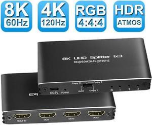 LUOM 8K@60Hz HDMI Splitter 1 in 3 Out, HDMI 2.1 Splitter Supports 4K@120Hz, EDID, 48 Gbps, VRR, ALLM, 3D, HDR 10, HDCP2.3, Dolby Vision Atmos, Audio Extractor, NO ARC