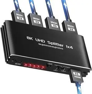 LUOM 8K HDMI Splitter 1 in 4 Out 4K120hz,HDMI 2.1 Splitter 1x4 8K60HzSmart EDID Managementhue Light syncCompatible with Xbox Series X, PS4 Pro, PS5, Blu-ray Player