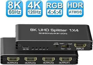 LUOM 8K@60Hz HDMI Splitter 1 in 4 Out, HDMI 2.1 Splitter Supports 4K@120Hz, EDID, 48 Gbps, VRR, ALLM, 3D, HDR 10, HDCP2.3, Dolby Vision Atmos, Audio Extractor, NO ARC