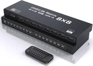 LUOM 4K@60Hz 8x8 HDMI Matrix Switch, Video Matrix 8 in 8 Out Seamless Switcher&Splitter Combined 3 Modes with Charging Head IR Remote Support HDMI2.0 RGB888/YUV444 RS232 Panel Key HDCP2.2 HDR10 3D