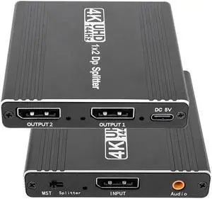 LUOM DisplayPort to Dual DisplayPort Adapter (4K@144Hz) Display Port 1 in 2 Out Splitter with Audio Extractor for Dual Monitor Extended Display, MST DP to 2 DP Adapter for PC, Graphics Card