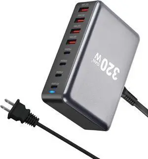 LUOM 8-Port USB C Charger 320W QC3.1 PD3.1 GaN Charger Type C Adapter GaN Tech with Fast Desk Charger Compatible for iPhone, MacBook Pro, iPad Pro, Switch, Galaxy S22/S21