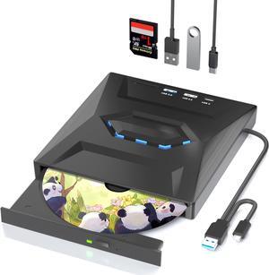 LUOM DVD Player for Laptop, External CD Drive with USB 3.0 & USB-C Hub and SD Card Reader, Portable CD Burner External, DVD Reader Writer ROM Drive Compatible with Laptop PC Mac,Windows 11/10/8/7