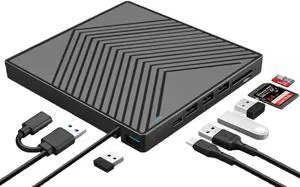 LUOM External DVD Drive, 8-In-1 CD Drive Burner DVD Player with 4*USB 3.0 Hub and SD/TF Card Reader, Portable DVD CD ROM +/-RW Disk Drive Writer for Laptop Mac Win 11/10/8/7 Linux Computer PC