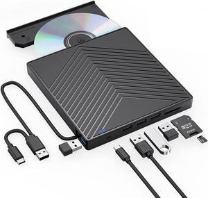 LUOM 8-In-1 External DVD Driver USB, Portable CD/DVD +/-RW Drive/DVD Player with SD/TF Card Reader USB3.0 Hub USB C Power Port CD ROM Burner Compatible with Laptop Mac MacBook PC Windows Linux