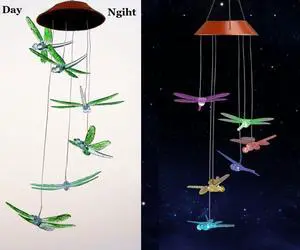 Solar Colorful Dragonfly Wind Chimes Outdoor - LED Changing Light Color Mobile Wind Chime, Waterproof Six Colorful Dragonfly Wind Chimes For Home,Party,Night Garden Decoration