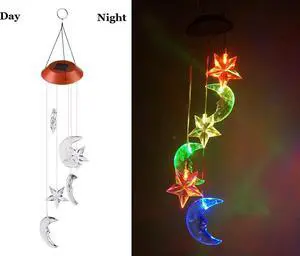 Solar Colorful Moon And Stars Wind Chimes Outdoor - LED Changing Light Color Mobile Wind Chime, Waterproof Six Colorful Moon And Stars Wind Chimes For Home,Party,Night Garden Decoration