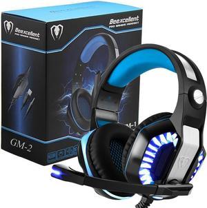 Beexcellent GM-2 Pro Gaming Over-Ear Headset with Mic, LED Lights and Volume Control Stereo Bass, Noise Cancelling, 3.5mm, for PS4 Xbox One, Laptop, PC, Tablet, Most Smartphones (Blue)