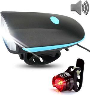 Super Bright Bike Light Set USB Rechargeable Headlight + Taillight with a Horn Waterproof LED Bicycle Light Easy to Install Cycling Safety Best for Mountain Road, Kids and City Bicycle-Blue