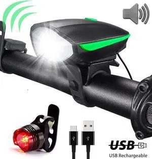 Bike Light,USB Bike Light,Bicycle Headlight with Super Loud Bike Horn 120 DB Super Bright Waterproof 3 Lighting Modes USB Rechargeable Bicycle Light + Taillight, Green