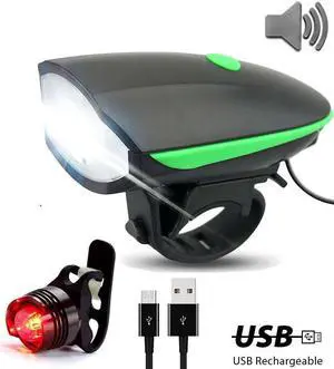 Super Bright Bike Light Set USB Rechargeable Headlight + Taillight with a Horn Waterproof LED Bicycle Light Easy to Install Cycling Safety Best for Mountain Road, Kids and City Bicycle-Green