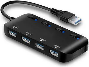 LUOM USB 3.0 Hub Splitter - USB Extender 4 Port USB Ultra Slim Data Hub with Individual Power Switch and LED